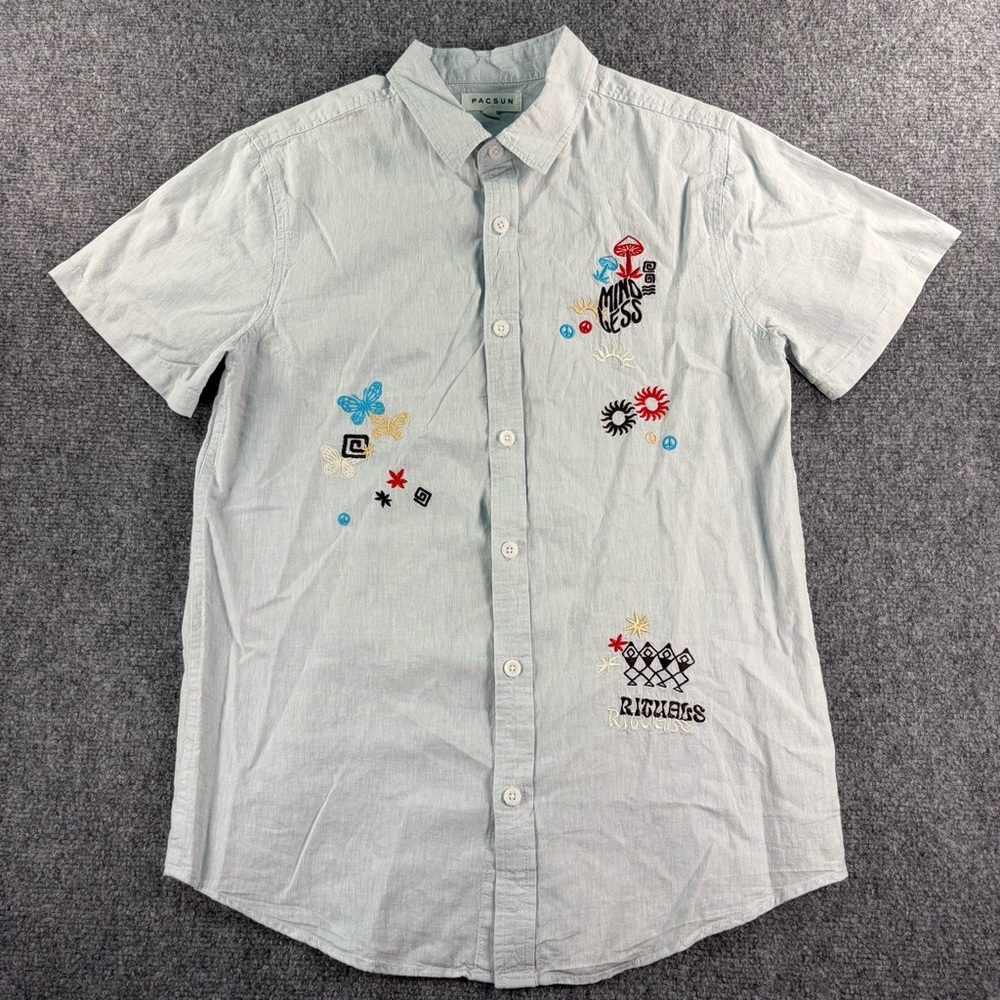 PacSun Light Mindless Rituals Blue Short Sleeve Embroidered Button-Down Shirt